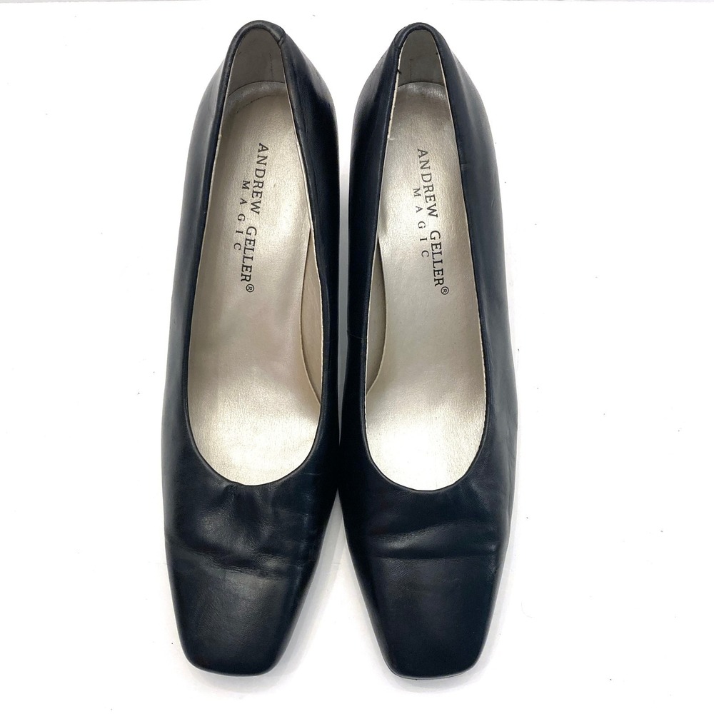 Vtg Andrew Geller Magic Maestro Heels Pumps Womens 7 Black Leather Square Toe - Picture 2 of 9
